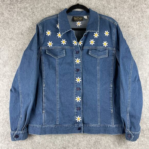 Bob Mackie Jackets & Blazers - Bob Mackie Wearable Art Jacket Womens XL Denim Embroidered Flower Daisy Stretch